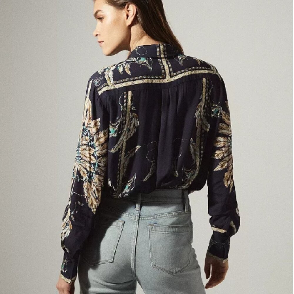 REISS Tiff Feather Print Button Down Blouse US 0 NWT